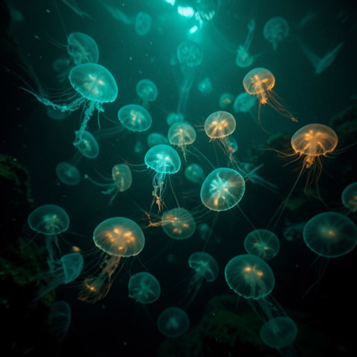 Bioluminescent jellyfish swarm coordinating in deep ocean, cnidarian organisms pulsing with light, underwater cinematic
